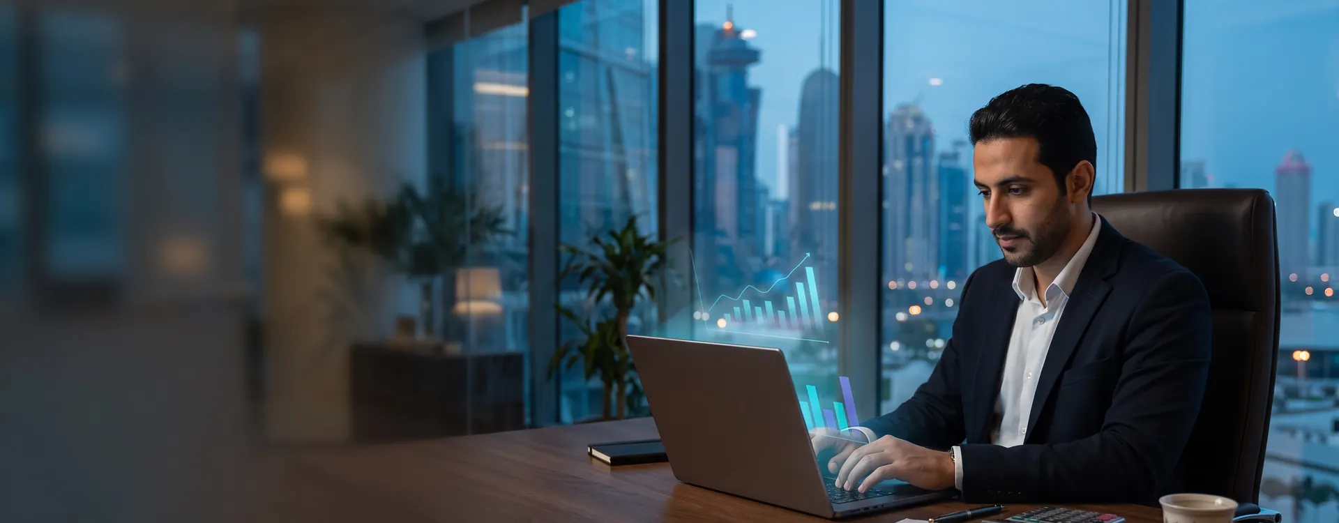 Finance manager reviewing accounting reports on a laptop in a Doha office