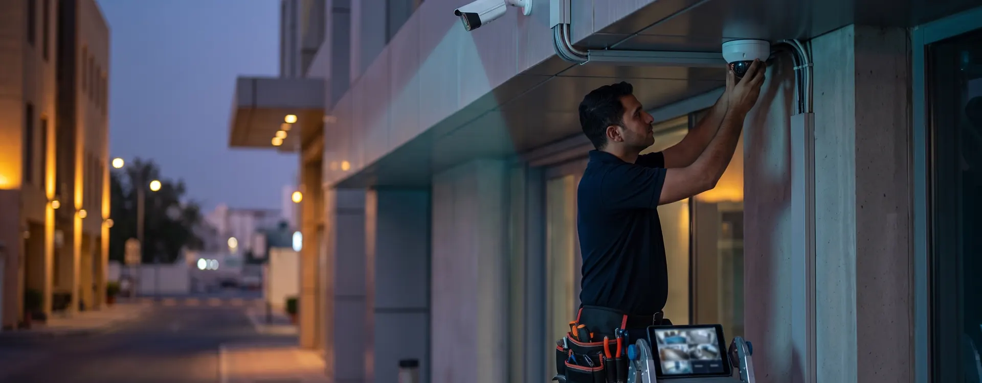 Technician installing an IP CCTV dome camera on a modern Doha building at dusk