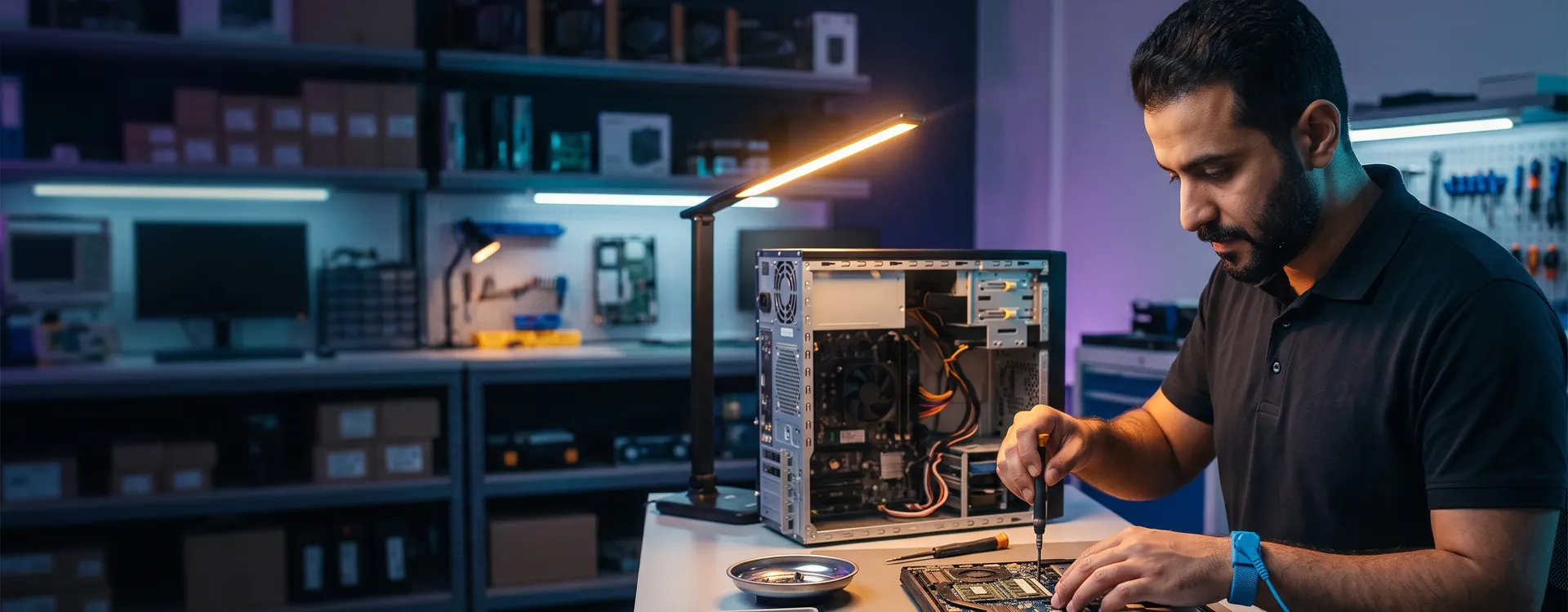 Technician repairing an open laptop on an anti-static workbench