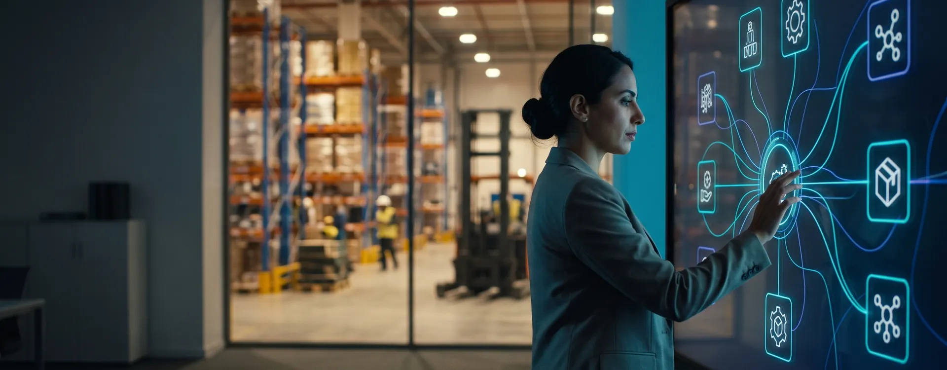 Operations manager using a connected ERP display beside a modern warehouse