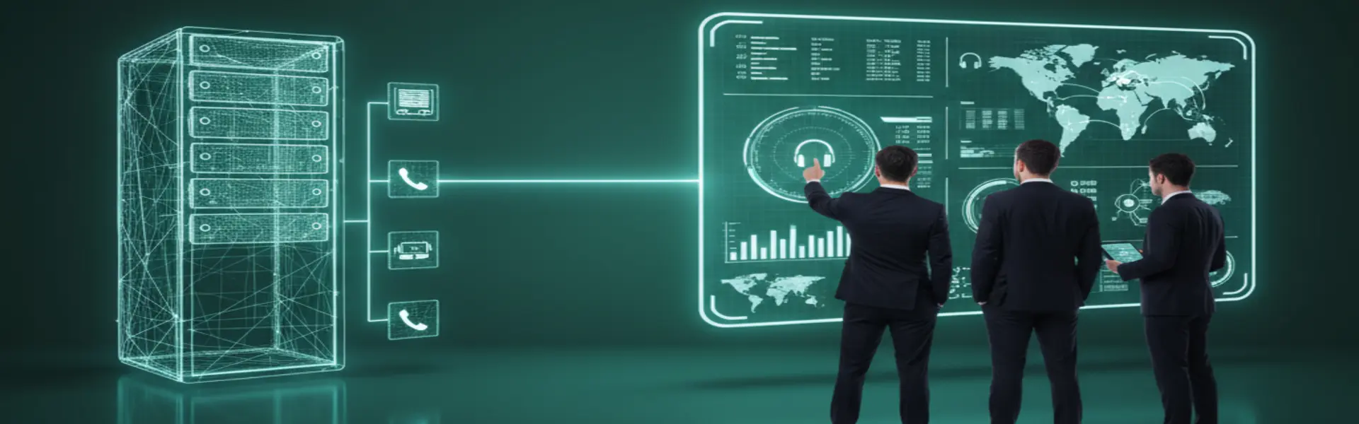 IP PBX & Call Center — a customer service agent wearing a headset in a modern call center