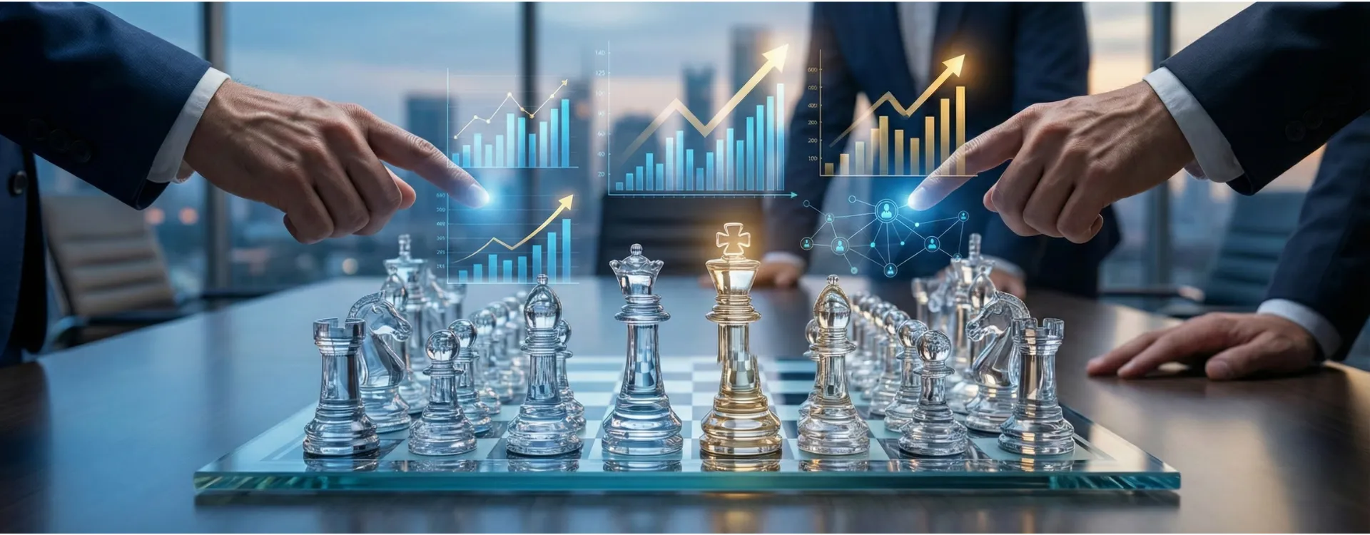 Hands moving glass chess pieces beside rising growth charts, representing IT strategy and consulting
