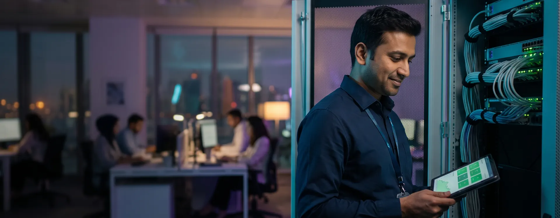 IT support engineer checking monitoring on a tablet beside a tidy network rack in an office
