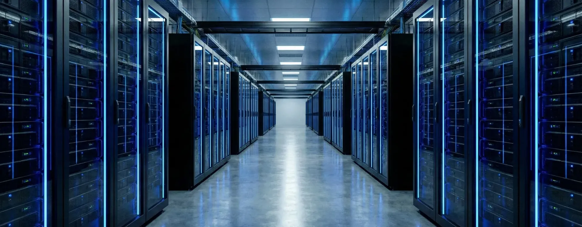 Rows of server racks in a data center maintained by server support engineers