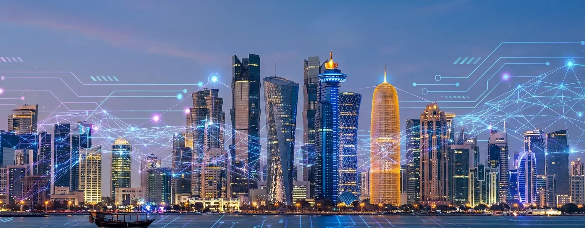 Doha skyline with a digital network overlay representing IT services in Qatar